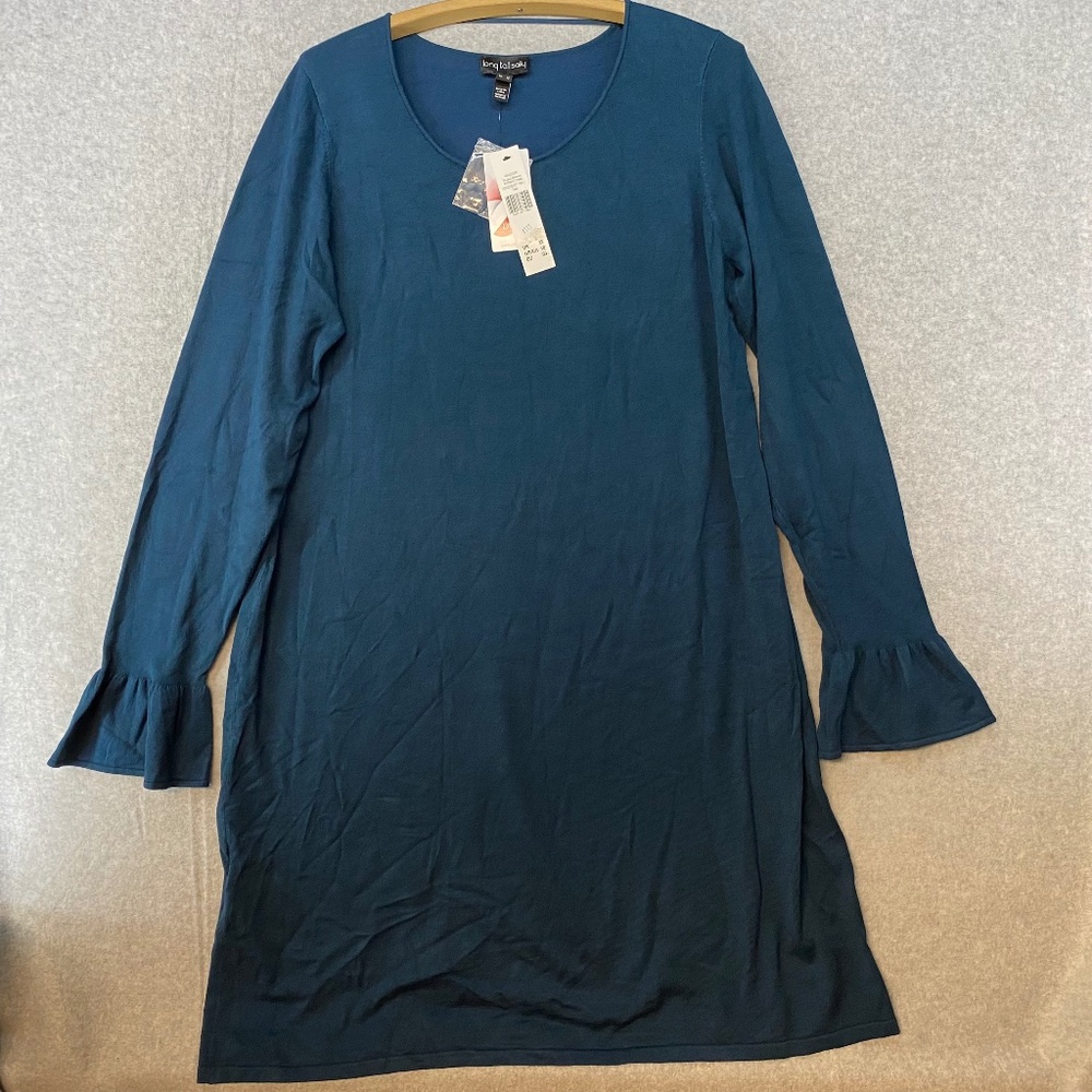 NEW! Long Tall Sally Size 18 Fluted Sleeve Knitted Dress Teal New Old Stock